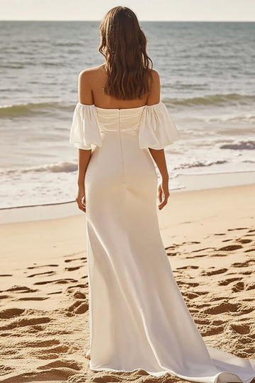 Satin A Line Ivory Off The Shoulder Pleated Wedding Dress
